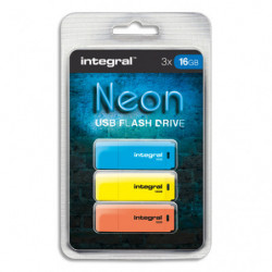 INTEGRAL Pack de 3 clés USB 2.0 16Go Bleue/Jaune/Orange INFD16GBNEONBLYLOR