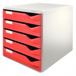 LEITZ Module de classement 5 tiroirs. Dim (lxhxp) : 32,6x32,1x32,6cm. Structure Grise/Tiroirs Rouges.