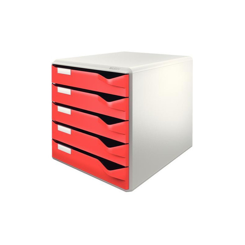 LEITZ Module de classement 5 tiroirs. Dim (lxhxp) : 32,6x32,1x32,6cm. Structure Grise/Tiroirs Rouges.