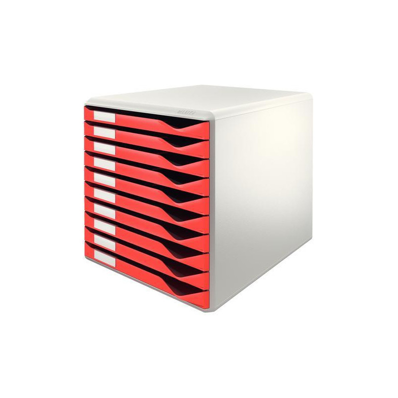 LEITZ Module de classement 10 tiroirs. Dim (lxhxp) : 28,7 x 29 x 35,5 cm. Structure grise/Tiroirs rouges