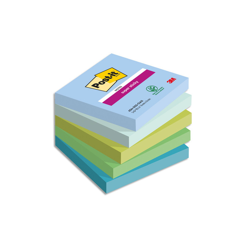 POST-IT® Notes Super Sticky Oasis. 76x76mm. Lot de 5 blocs de 90 feuilles. Ass : bleu et vert.