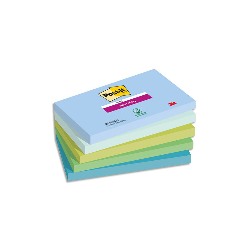 POST-IT® Notes Super Sticky Oasis. 76x127mm. Lot de 5 Blocs de 90 feuilles. Ass : bleu et vert.