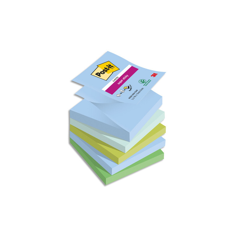 POST-IT® Z-notes Super Sticky Oasis. 76x76mm. Lot de 5 blocs recharges de 90 F. Ass : bleu et vert.