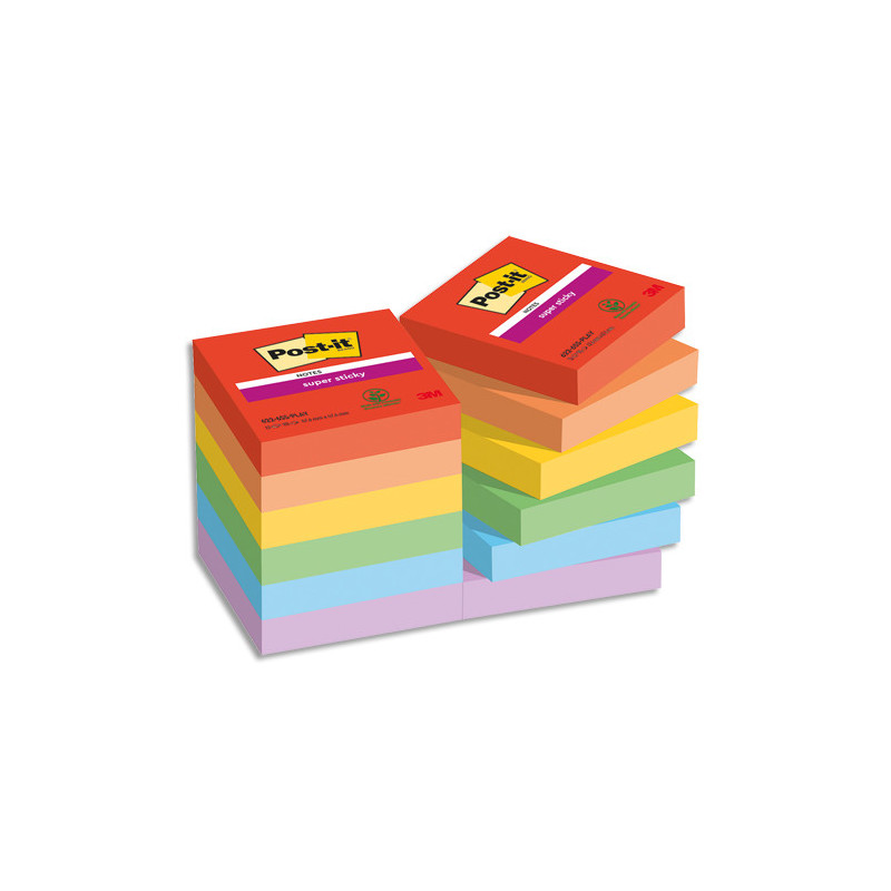 POST-IT® Notes Super Sticky Playful 47.6x47.6 mm. 12 blocs, 90F. Ass : rouge/orange/jaune/vert/bleu/vio.