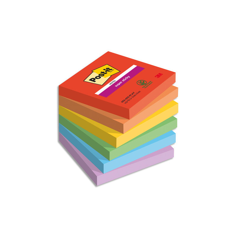 POST-IT® Notes Super Sticky Playful 76x76 mm. 6 blocs, 90F. Ass : rouge/orange/jaune/vert/bleu/violet.