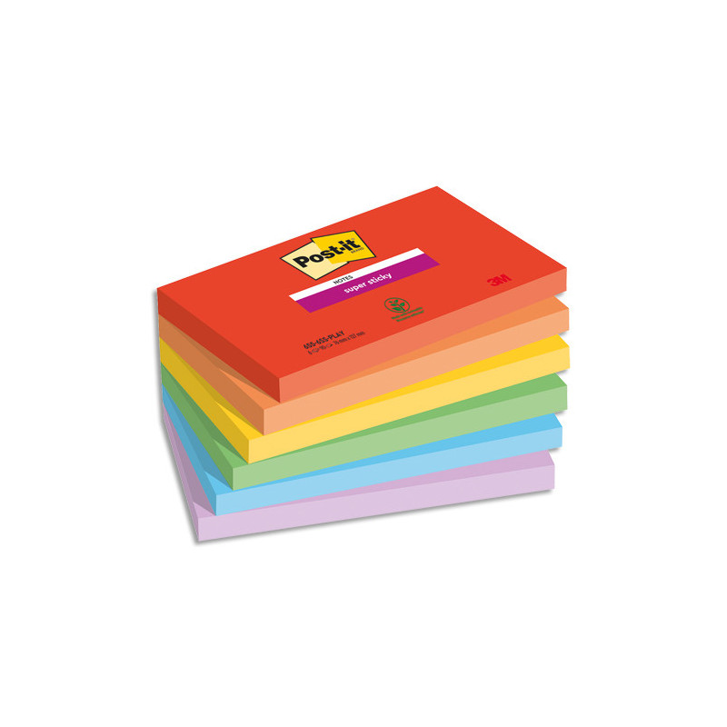 POST-IT® Notes Super Sticky Playful 76 x 127 mm. 6 blocs, 90F. Ass : rouge/orange/jaune/vert/bleu/violet.