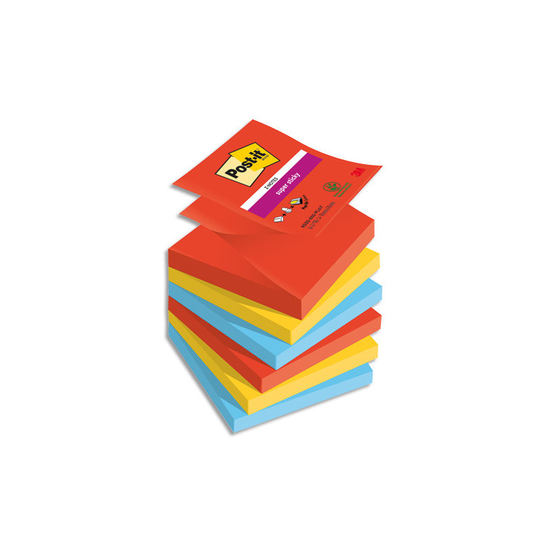 POST-IT® Z-Notes Super Sticky Playful 76x76 mm. 6 blocs, 90F. Ass : rouge/orange/jaune/vert/bleu/violet.