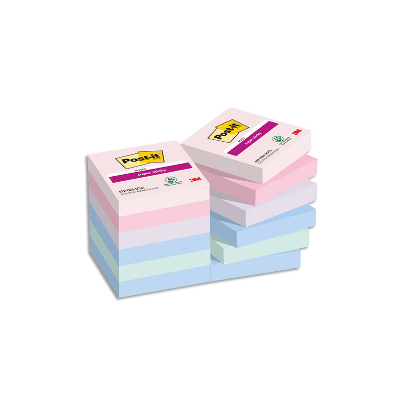 POST-IT® Notes Super Sticky Soulful 47.6 x 47.6 mm. Lot de 12 blocs de 90 F. Ass : rose, bleu et vert.