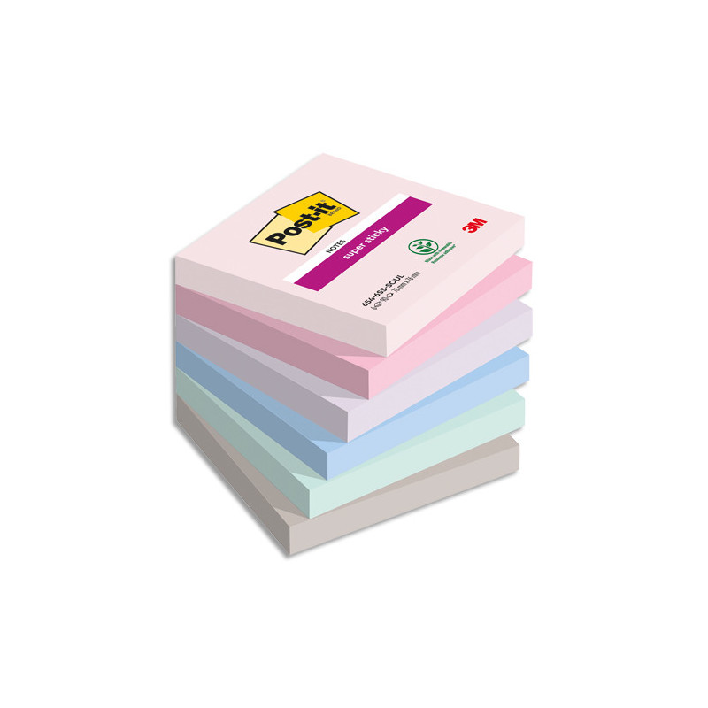 POST-IT® Notes Super Sticky Soulful. 76 x 76 mm. Lot de 6 blocs de 90 F. Ass : rose, bleu et vert.