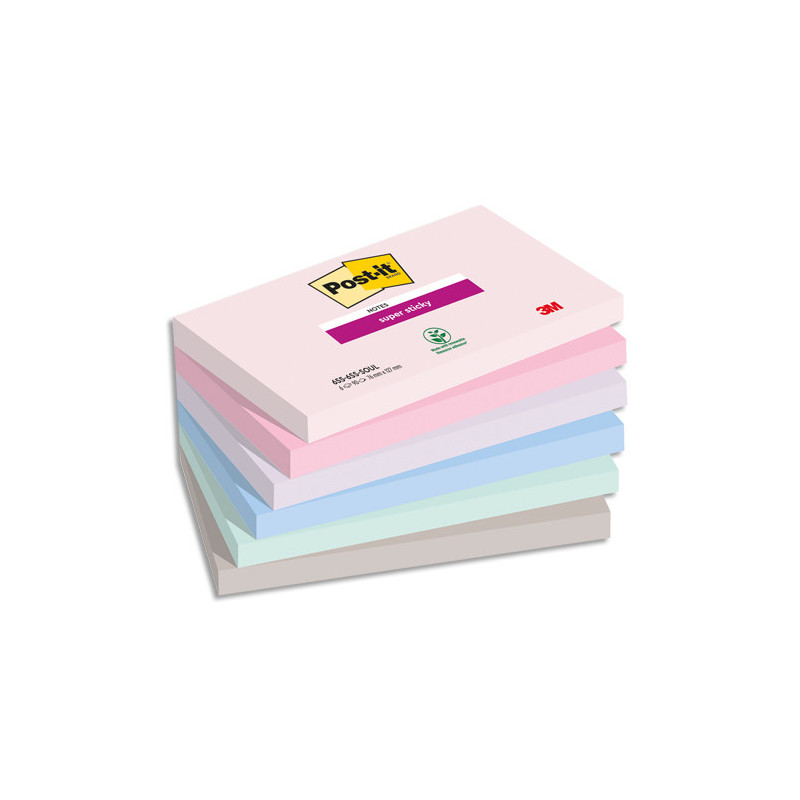 POST-IT® Notes Super Sticky Soulful. 76 x 127 mm. Lot de 6 blocs de 90 F. Ass : rose, bleu et vert.