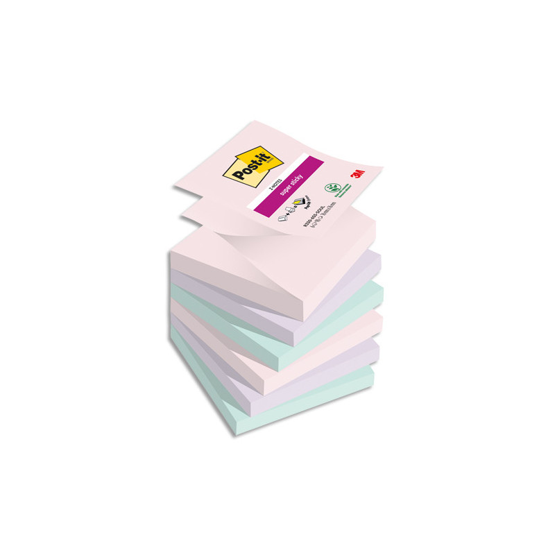 POST-IT® Z-Notes Super Sticky Soulful. 76 x 76 mm.Lot de 6 blocs de 90 F. Ass : rose, bleu et vert.
