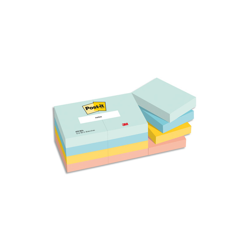 POST-IT® Notes Beachside 38 x 51 mm. Lot de 12 blocs, 100 F. Ass : vert, bleu, jaune, orange, rose.