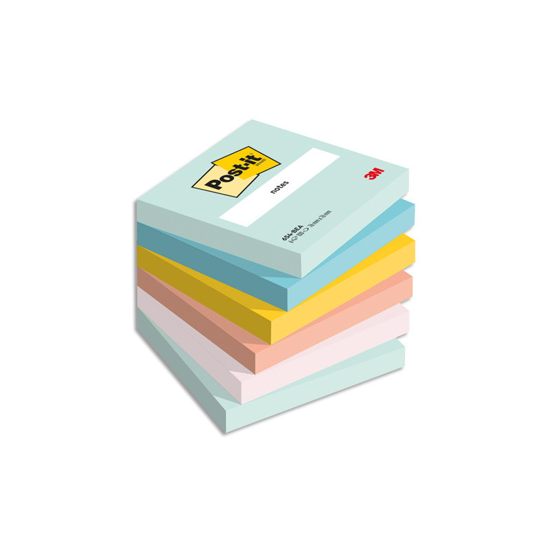 POST-IT® Notes Beachside 76 x 76 mm. Lot de 6 blocs, 100 F. Ass : vert, bleu, jaune, orange, rose.