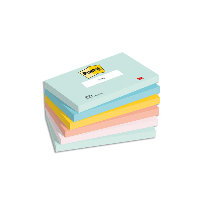 POST-IT® Notes Beachside 76 x 127 mm. Lot de 6 blocs, 100 F. Ass : vert, bleu, jaune, orange, rose.