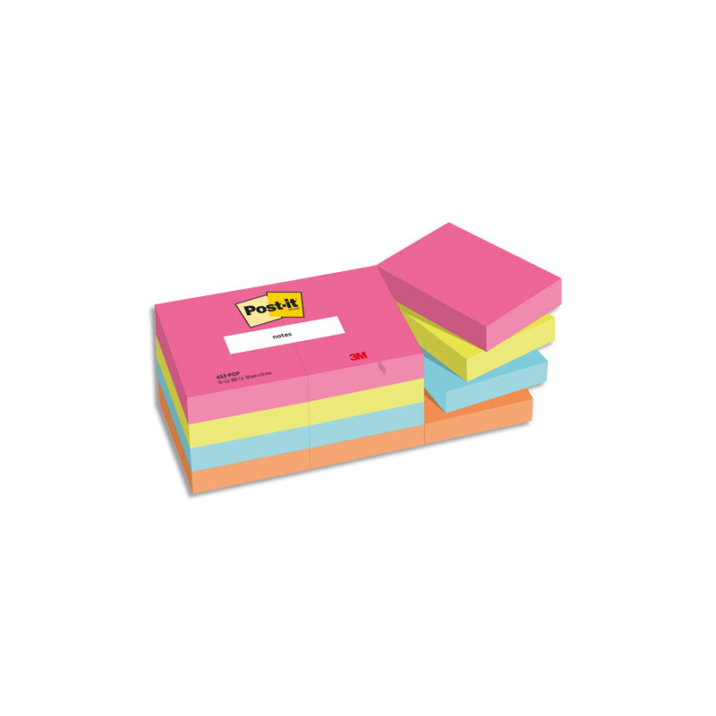 POST-IT® Notes Post-it Poptimistic 38 x 51 mm. 12 blocs de 100 feuilles. Ass : rose, vert, bleu, orange.