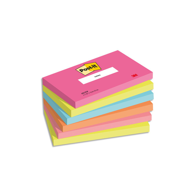 POST-IT® Notes Post-it Poptimistic. 76 x 127 mm. 6 blocs de 100 feuilles. Ass : rose, vert, bleu, orange.