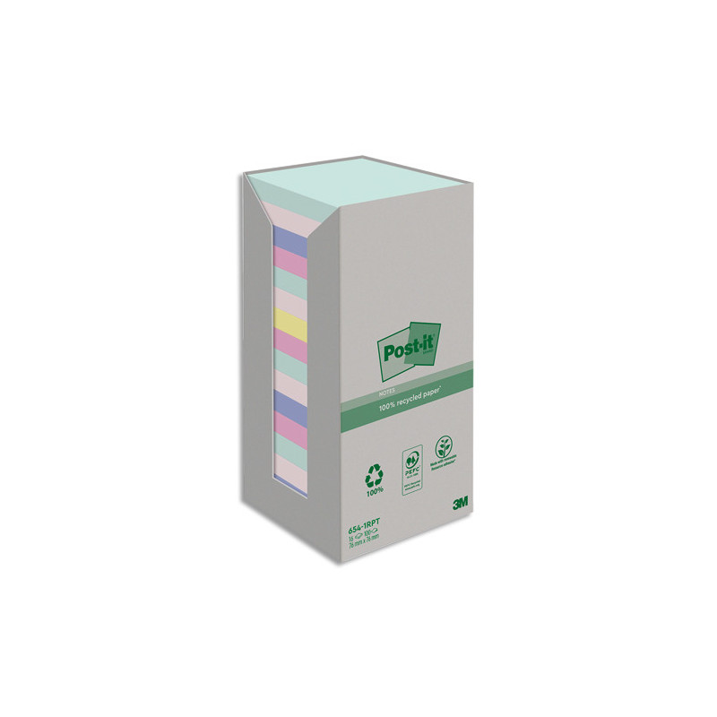 POST-IT® Notes Post-it Recyclées Nature. 76 x 76 mm. 16 blocs, 100 F. Ass : vert, rose, bleu, jaune.
