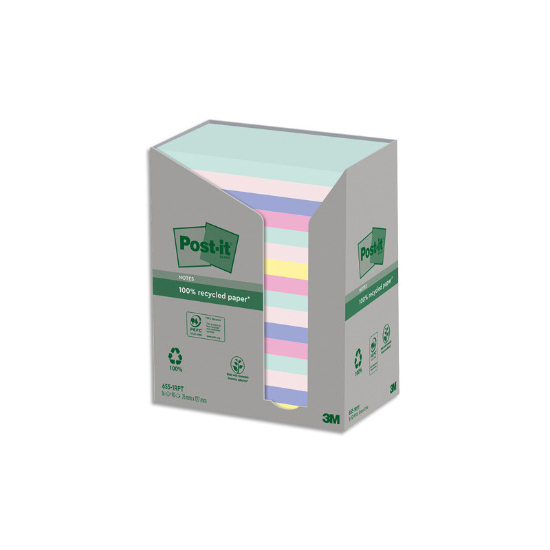 POST-IT® Notes Post-it Recyclées Nature. 76 x 127 mm. 16 blocs, 100 F. Ass : vert, rose, bleu, jaune.