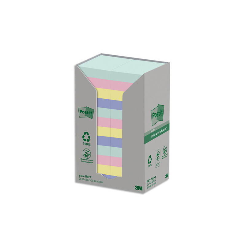 POST-IT® Notes Post-it Recyclées Nature. 38 x 51 mm. 16 blocs, 100 F. Ass : vert, rose, bleu, jaune.
