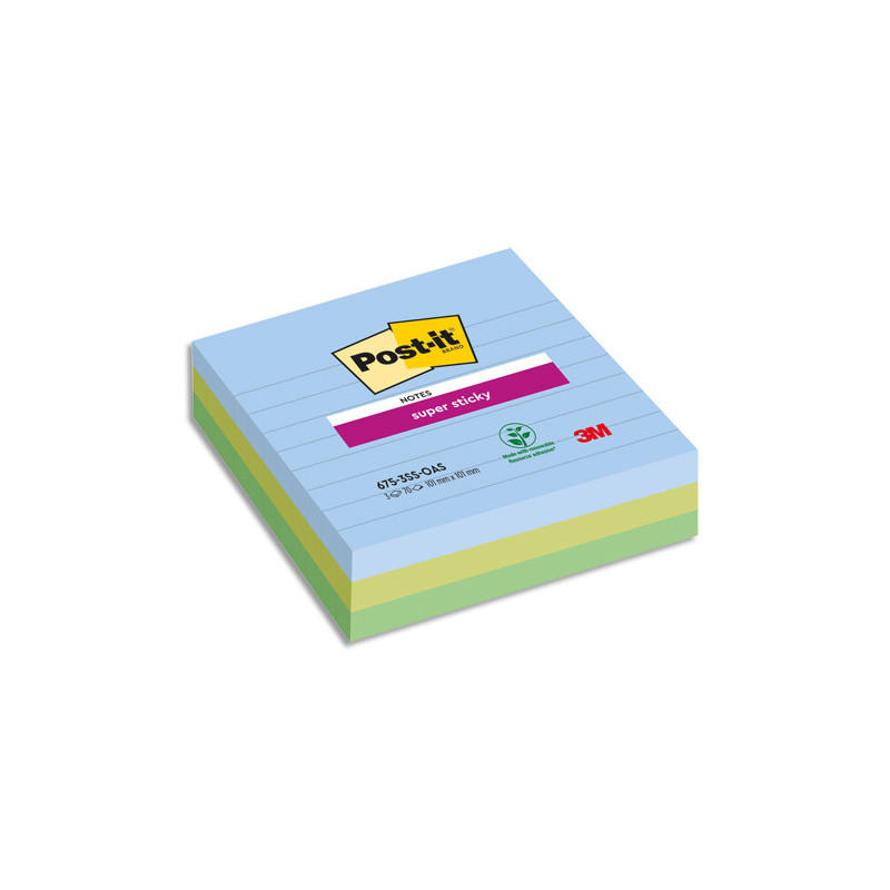 POST-IT® Notes Super Sticky Grand Format Lignées Oasis. 101 x 101 mm. 3 blocs, 70 F. Ass : bleu et vert.