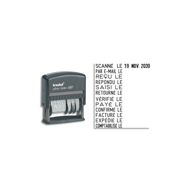 TRODAT Tampon Dateur + 12 formules incluses, encrage auto noir rechargeable. Hauteur caractères : 3,8 mm
