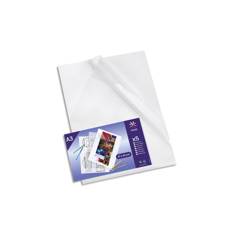 VIQUEL Sachet 5 pochettes coin A3 en polypropylène 20/100ème. Coloris incolore