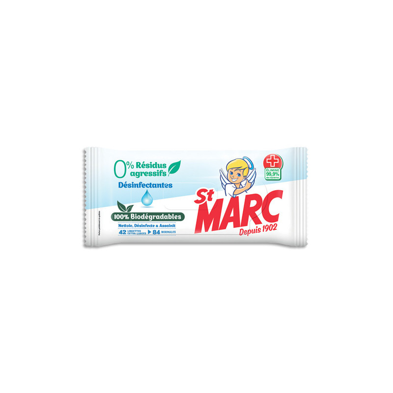 SAINT MARC Paquet de 42 lingettes biodégradables 0% résidus. Nettoient, désinfectent et assainissent