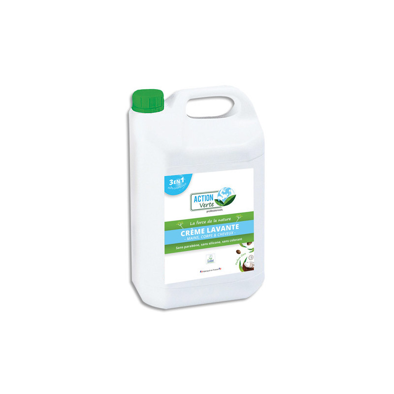 ACTION VERTE Bidon de 5L gel lavant mains, corps, cheveux Ecolabel parfum noix de coco.