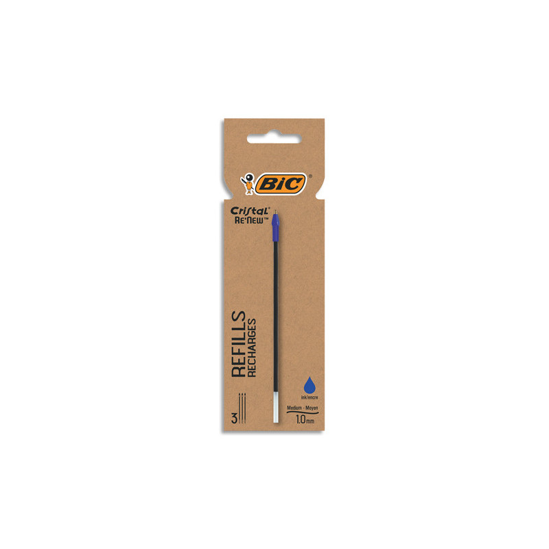 BIC Cristal Re'New Recharges pour Stylo-Bille Pointe Moyenne (1,0 mm) - Bleu, Etui Carton de 3