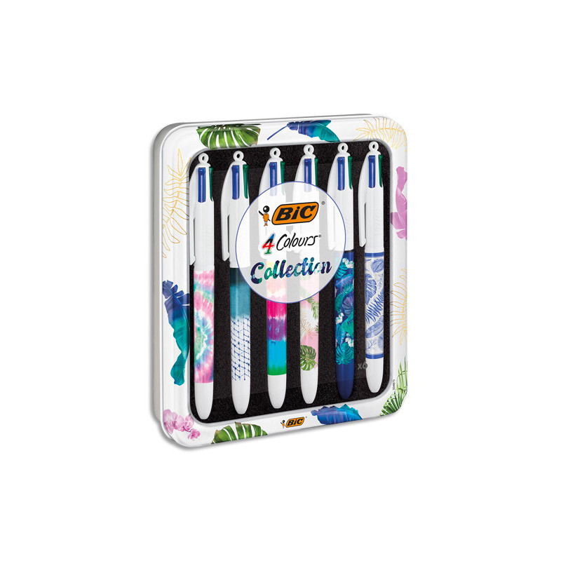 BIC Boîte métal de 6 stylos bille 4 Couleurs rétractable. Pointe Moy. 6 décors Tie&Die. Encre classique