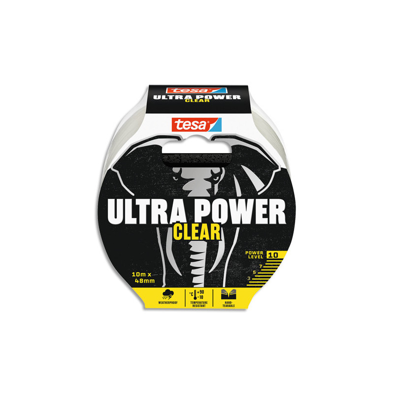 TESA Ruban réparation POWER CLEAR 10mx4,8cm ultra résistant, déchirable à la main. Coloris transparent