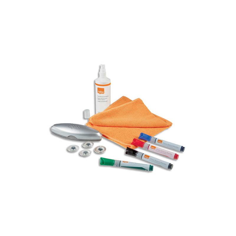 NOBO Kit pour tableau verre : 4 marqueurs, effaceur, spray, microfibre,4 aimants puissants, 1905330