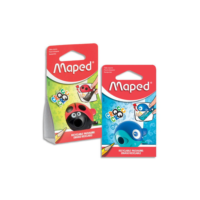 MAPED Blister taille-crayons CROC CROC EASY 1 usage avec pince. Design coccinelle ou baleine