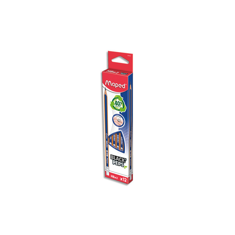 MAPED Crayon graphite HB BLACK PEPS NAVY embout GOMME. 40,90% matériau recyclé 16,50% matière naturelle