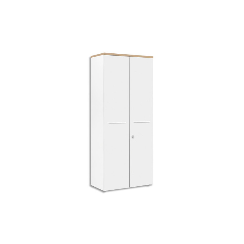 GAUTIER OFFICE Armoire Haute 2 portes pleines Yes façade blanche et dessus Chêne-Dim: L80 x H187 x P42 cm