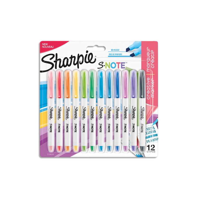 SHARPIE Pochette de 12 marqueurs permanents SHARPIE S-Note pointe biseautée. Coloris assortis pastel