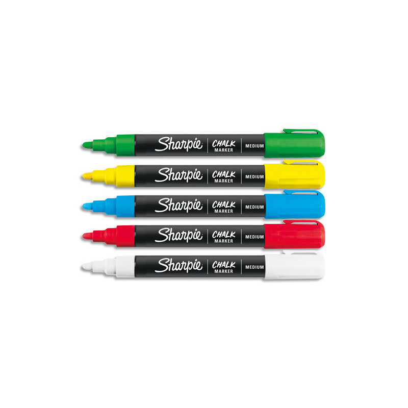 SHARPIE Blister de 5 marqueurs SHARPIE Chalk White, pointe ogive moyenne. Coloris assortis