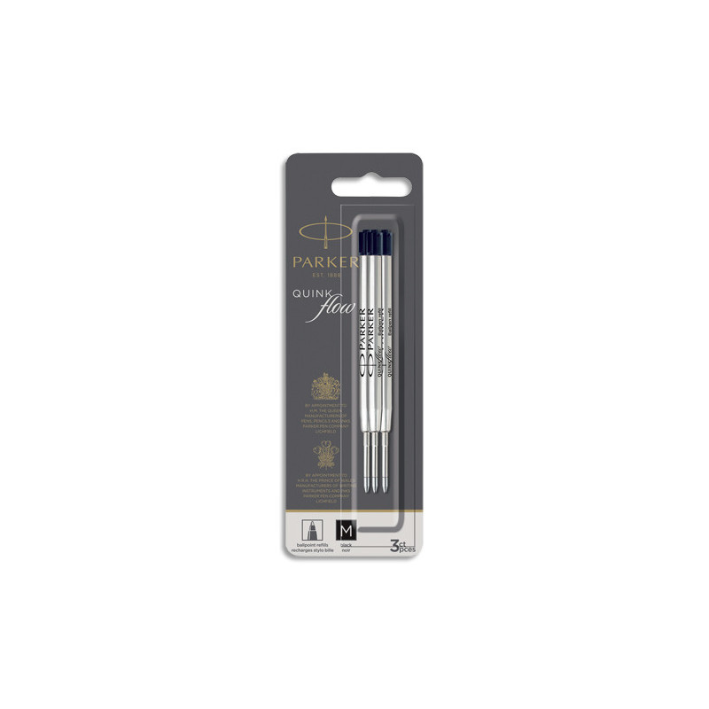 PARKER Blister de 3 recharges bille PARKER QuinkFlow. Pointe moyenne. Encre noire