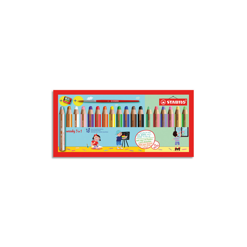 STABILO woody 3in1 crayon de couleur - Etui de 18 crayons (dont 6 pastel) + taille-crayon + pinceau rond