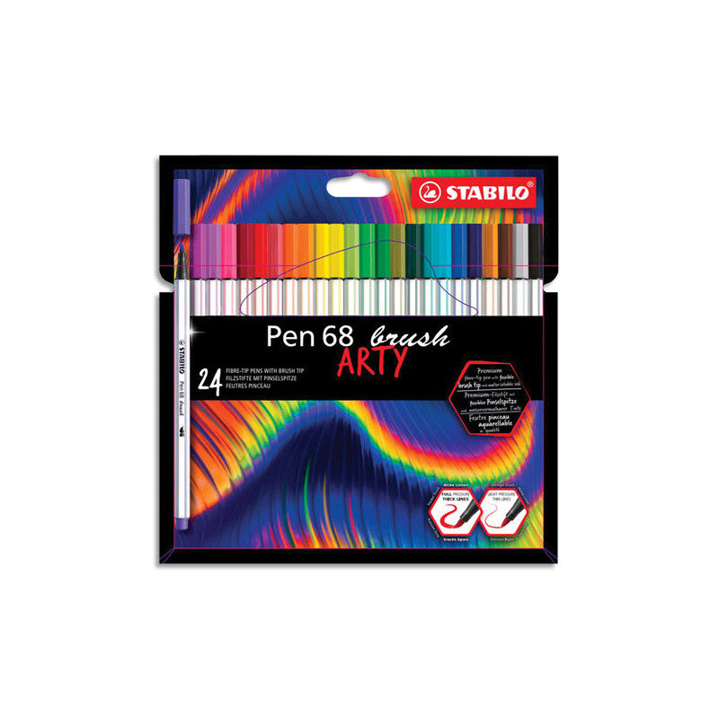 STABILO Pen 68 brush ARTY feutre pinceau - Etui carton de 24 feutres - Coloris assortis