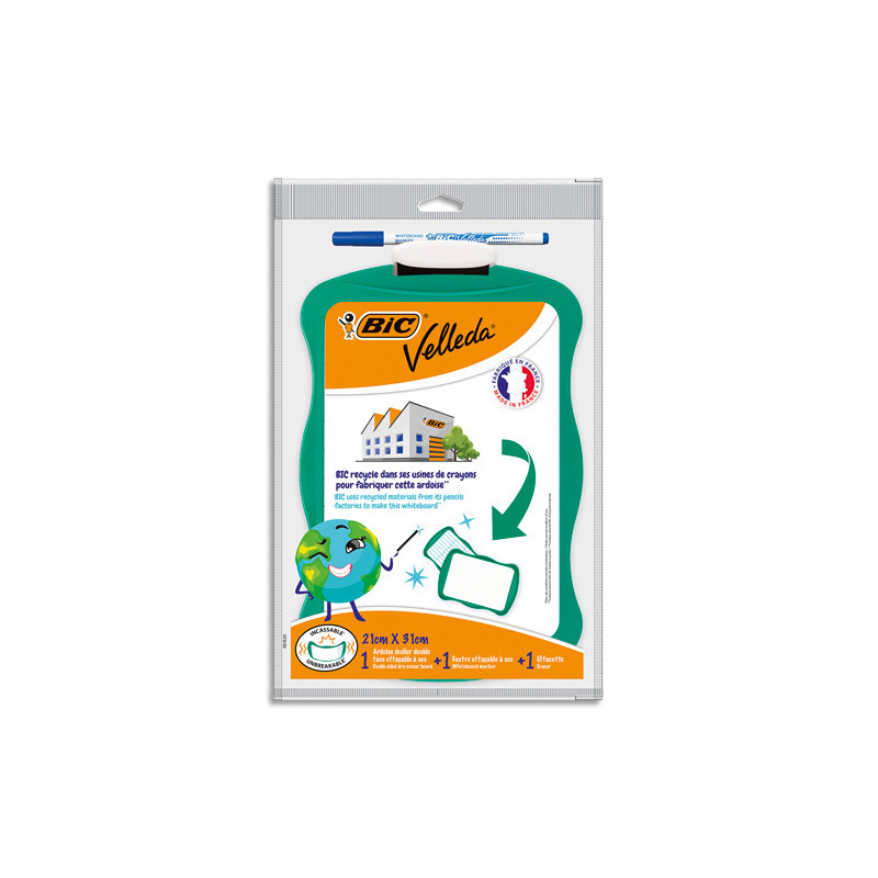 BIC Ardoise recyclée incassable 21 x 31 cm + 1 marqueur Velleda 1721 bleu + 1 effaçette