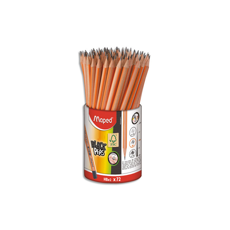MAPED Pot de 72 crayons graphite BLACK'PEPS, bois certifié FSC, triangulaires, embout gomme, HB