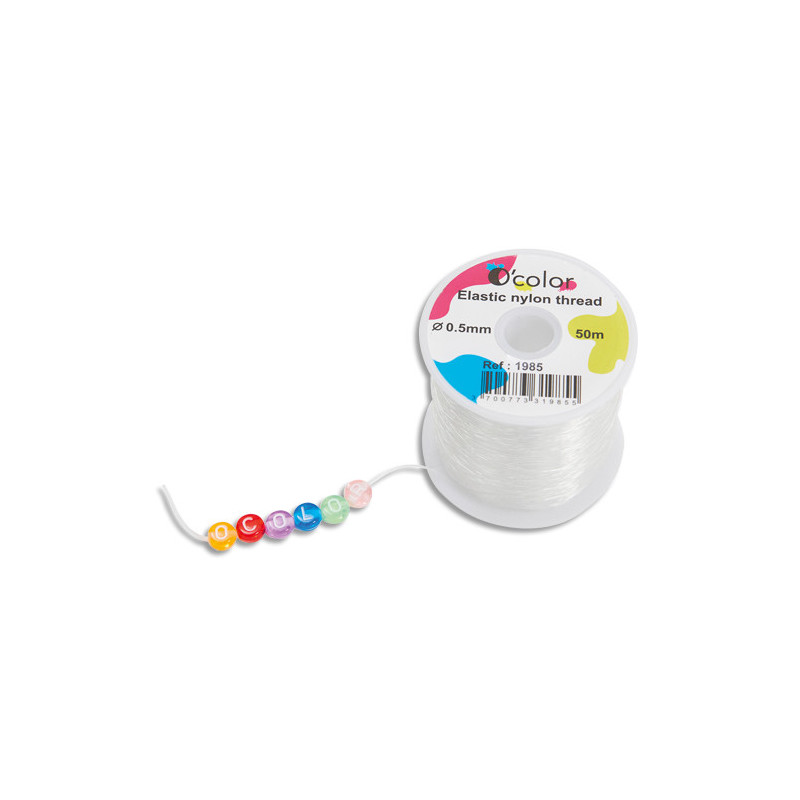 Fil nylon élastique transparent. Bobine de 50m, diam 0,5 mm.