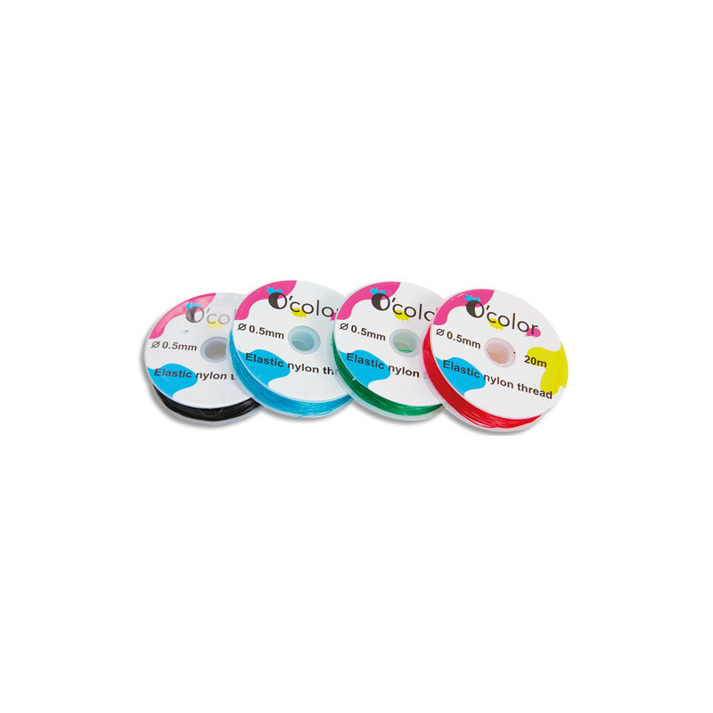 Fil nylon élastique de couleurs. 4 bobines de 20m, diam 0,5 mm.