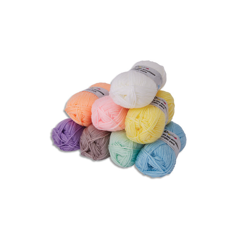 Lot de 8 petotes de fils acryliques 50g. Couleurs pastel assorties. Longueurs environ 90m par bobine