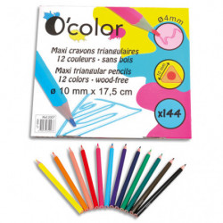 O'COLOR Pack de 144 maxi crayons de couleurs en résine triangulaire. Diamètre 10mm, mine 4mm. Assortis