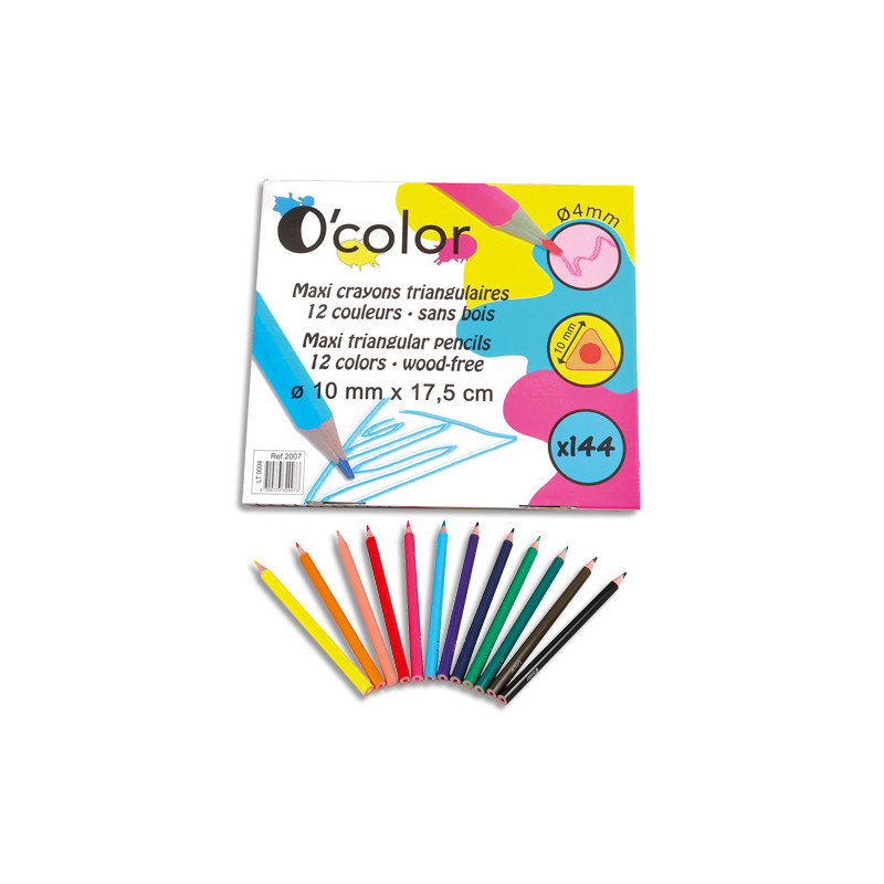 O'COLOR Pack de 144 maxi crayons de couleurs en résine triangulaire. Diamètre 10mm, mine 4mm. Assortis