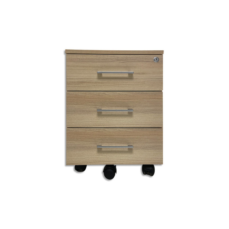 Caisson mobile EMMA 3 tiroirs largeur 56 cm, hauteur 42 cm, profondeur 59 cm livré monté coloris Chêne