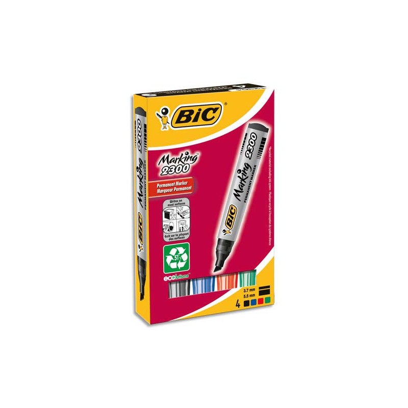 BIC Marking 2300 ECOlutions Marqueurs Permanents à Pointe Moyenne Biseautée - Couleurs Assorties x4