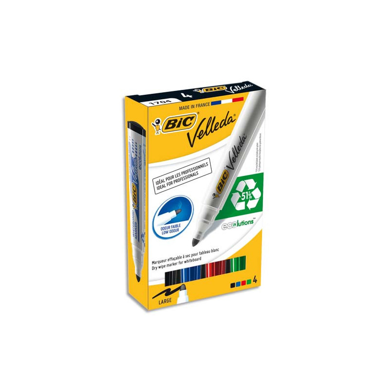 BIC Velleda Feutres pour Tableau Blanc Effaçables à Sec à Pointe Conique Moyenne - Couleurs Assorties x4